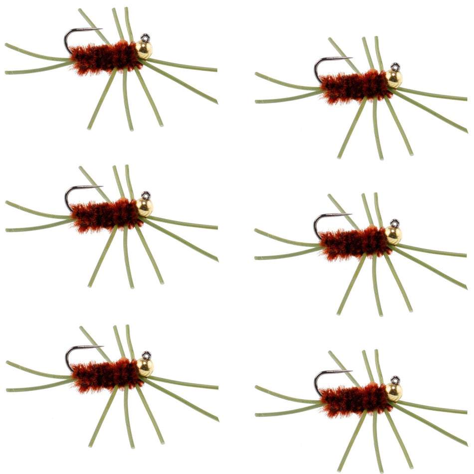 Barbless Pat's Rubber Legs Tungsten Bead Jigged Brown Euro Nymph - Set of 6 Flies Hook Size 10 - Get Tight Gear