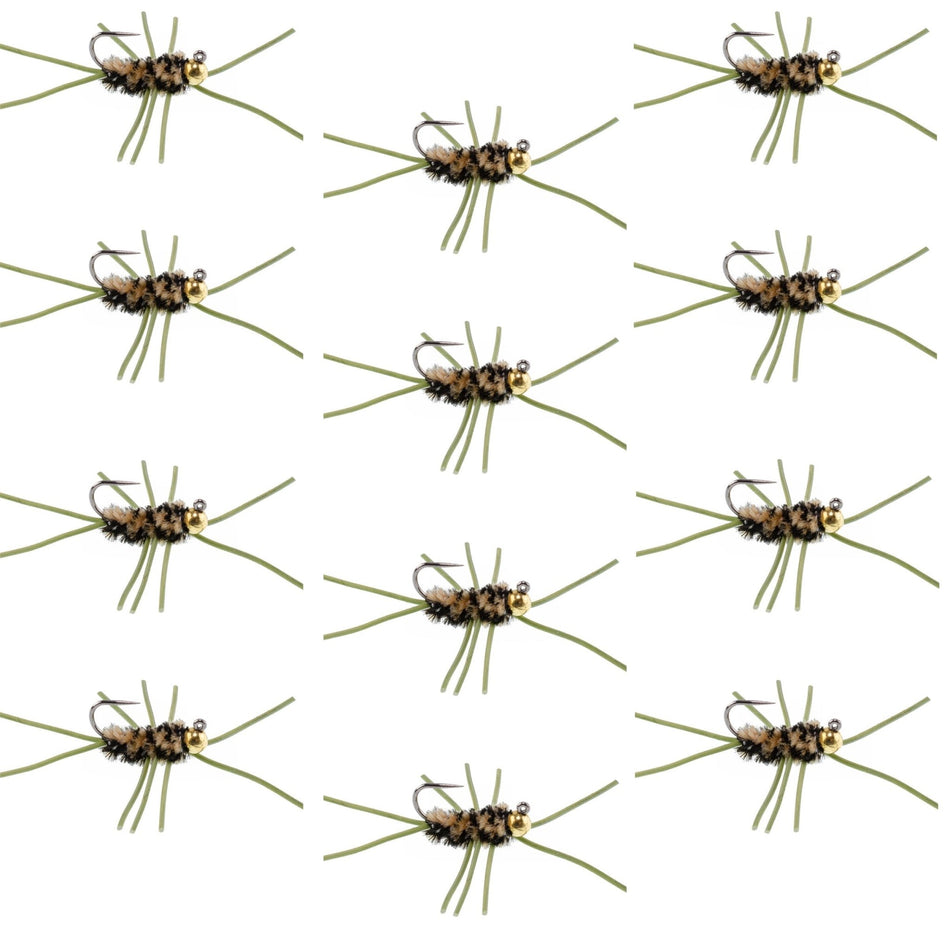 Barbless Pat's Rubber Legs Tungsten Bead Jigged Coffee/Black Euro Nymph - Set of 12 Flies Hook Size 10 - Get Tight Gear