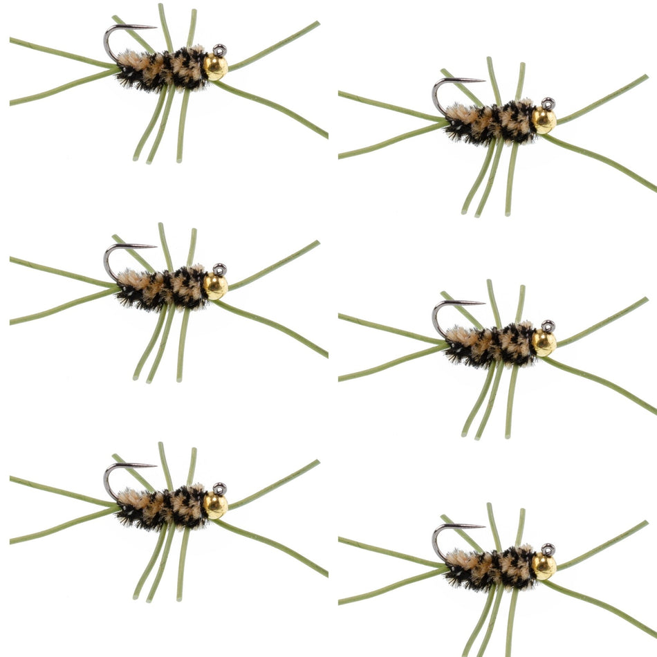 Barbless Pat's Rubber Legs Tungsten Bead Jigged Coffee/Black Euro Nymph - Set of 6 Flies Hook Size 10 - Get Tight Gear