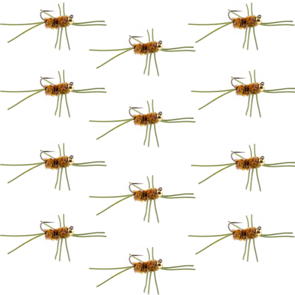 Barbless Pat's Rubber Legs Tungsten Bead Jigged Coffee/Tan Euro Nymph - Set of 12 Flies Hook Size 10 - Get Tight Gear