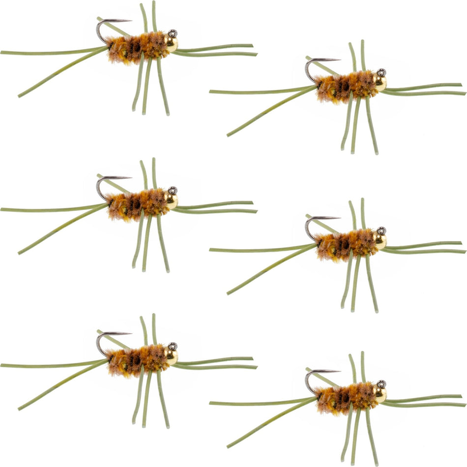 Barbless Pat's Rubber Legs Tungsten Bead Jigged Coffee/Tan Euro Nymph - Set of 6 Flies Hook Size 10 - Get Tight Gear