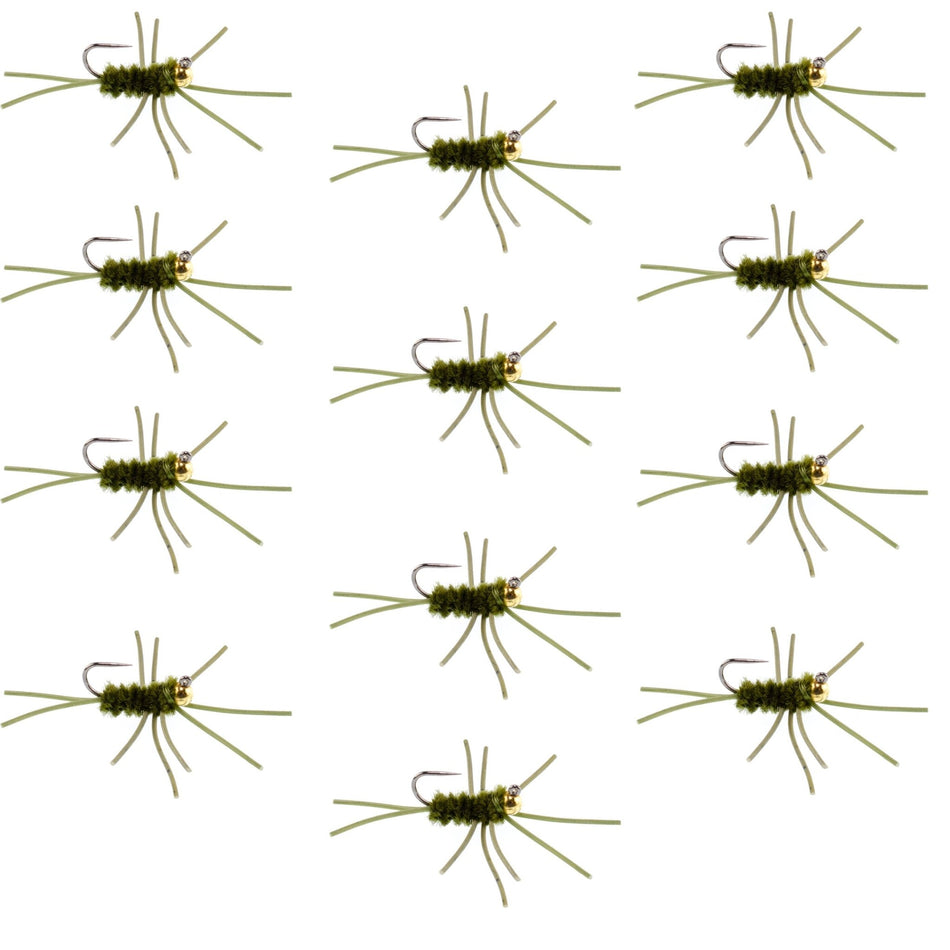 Barbless Pat's Rubber Legs Tungsten Bead Jigged Dark Olive Euro Nymph - Set of 12 Flies Hook Size 10 - Get Tight Gear