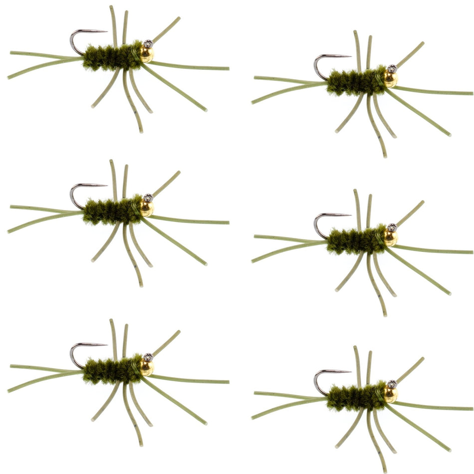 Barbless Pat's Rubber Legs Tungsten Bead Jigged Dark Olive Euro Nymph - Set of 6 Flies Hook Size 10 - Get Tight Gear