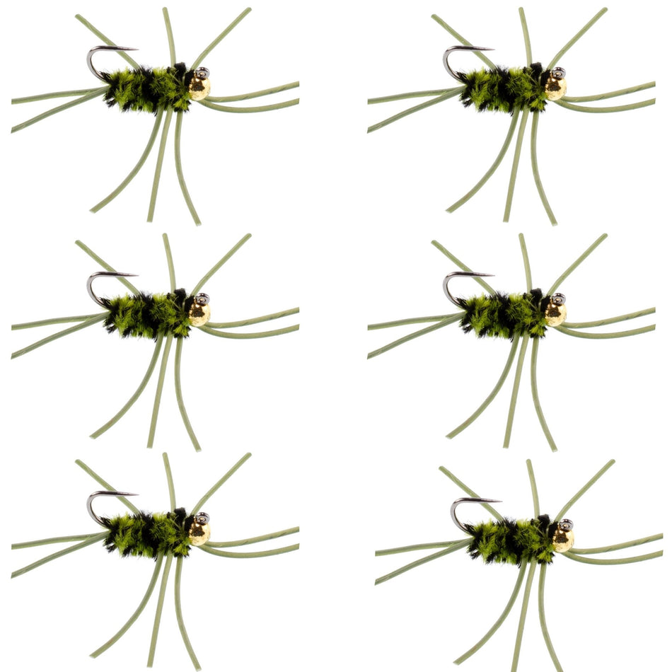 Barbless Pat's Rubber Legs Tungsten Bead Jigged Olive/Black Euro Nymph - Set of 6 Flies Hook Size 10 - Get Tight Gear