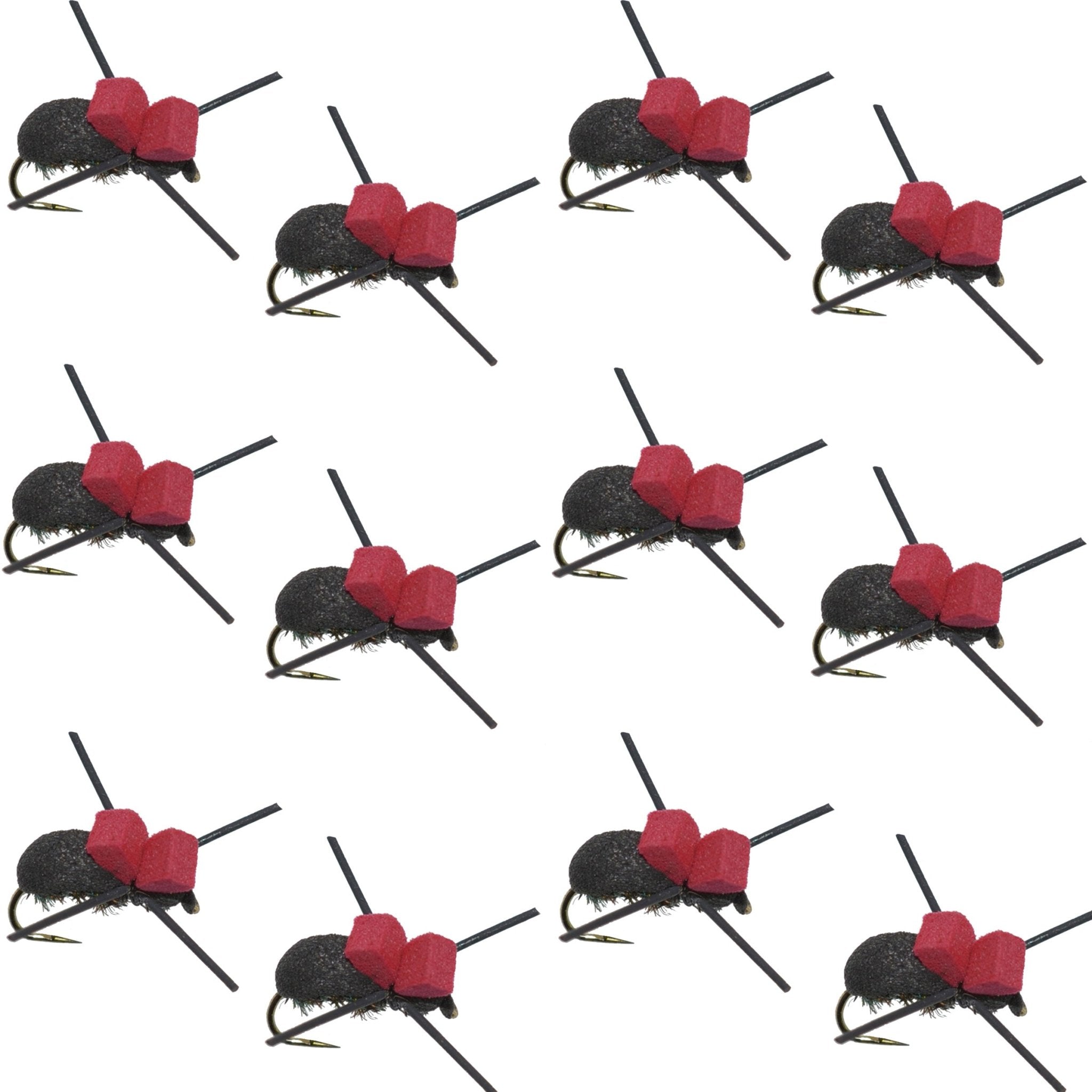 Barbless Red Top Black Foam Beetle Terrestrial Trout Dry Fly Fishing Flies - 1 Dozen Flies Size 14 - Get Tight Gear