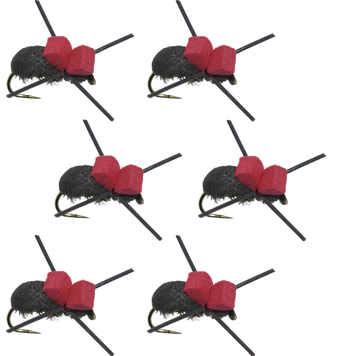 Barbless Red Top Black Foam Beetle Terrestrial Trout Dry Fly Fishing Flies - 6 Flies Size 14 - Get Tight Gear
