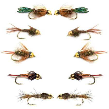 Basics Collection - Bead Head Nymph Assortment - 10 Wet Flies - 5 Patterns - Hook Sizes 12, 14, 16 - Get Tight Gear