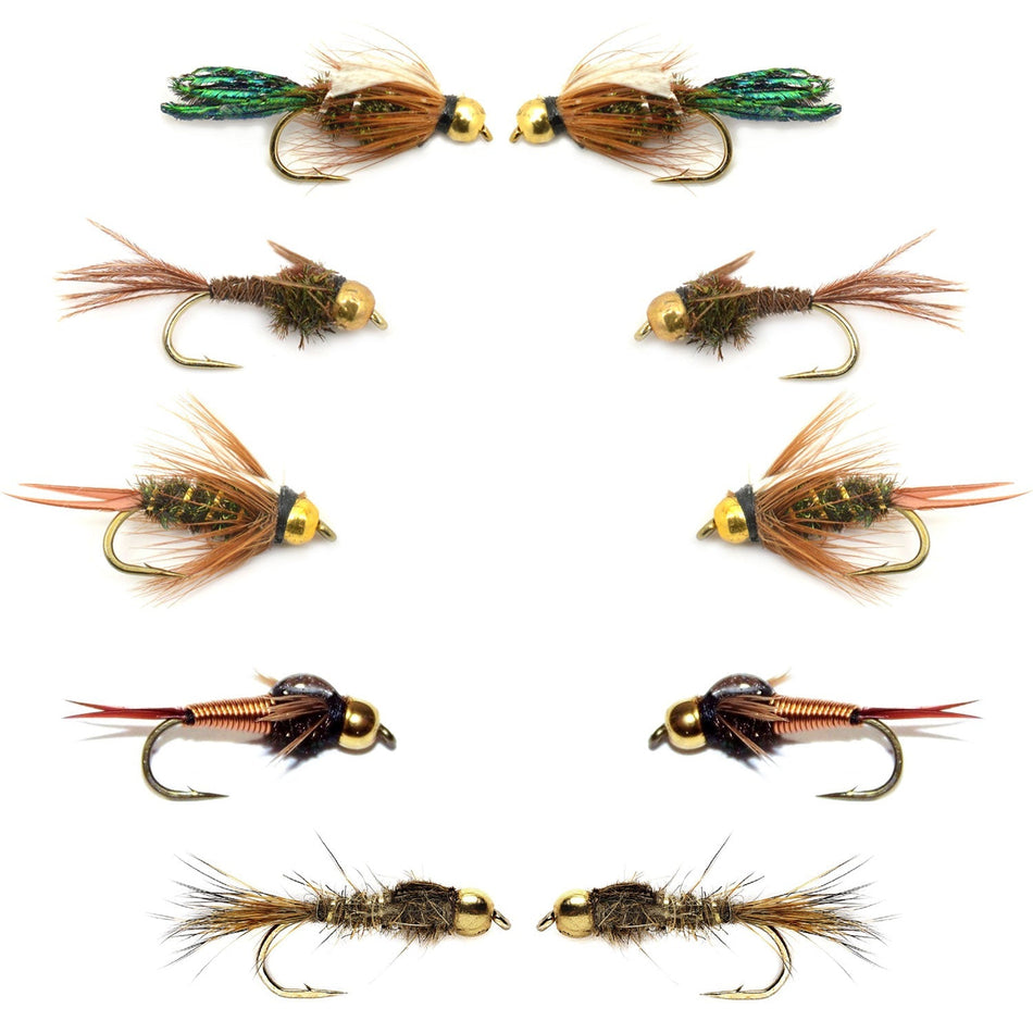 Basics Collection - Bead Head Nymph Assortment - 10 Wet Flies - 5 Patterns - Hook Sizes 12, 14, 16 - Get Tight Gear