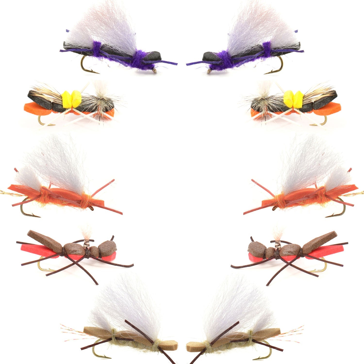 Basics Collection - Chernobyl Ant Foam Dry Fly Assortment - 10 Dry Fishing Grasshopper Flies - 5 Patterns - Hook Size 10 - Get Tight Gear