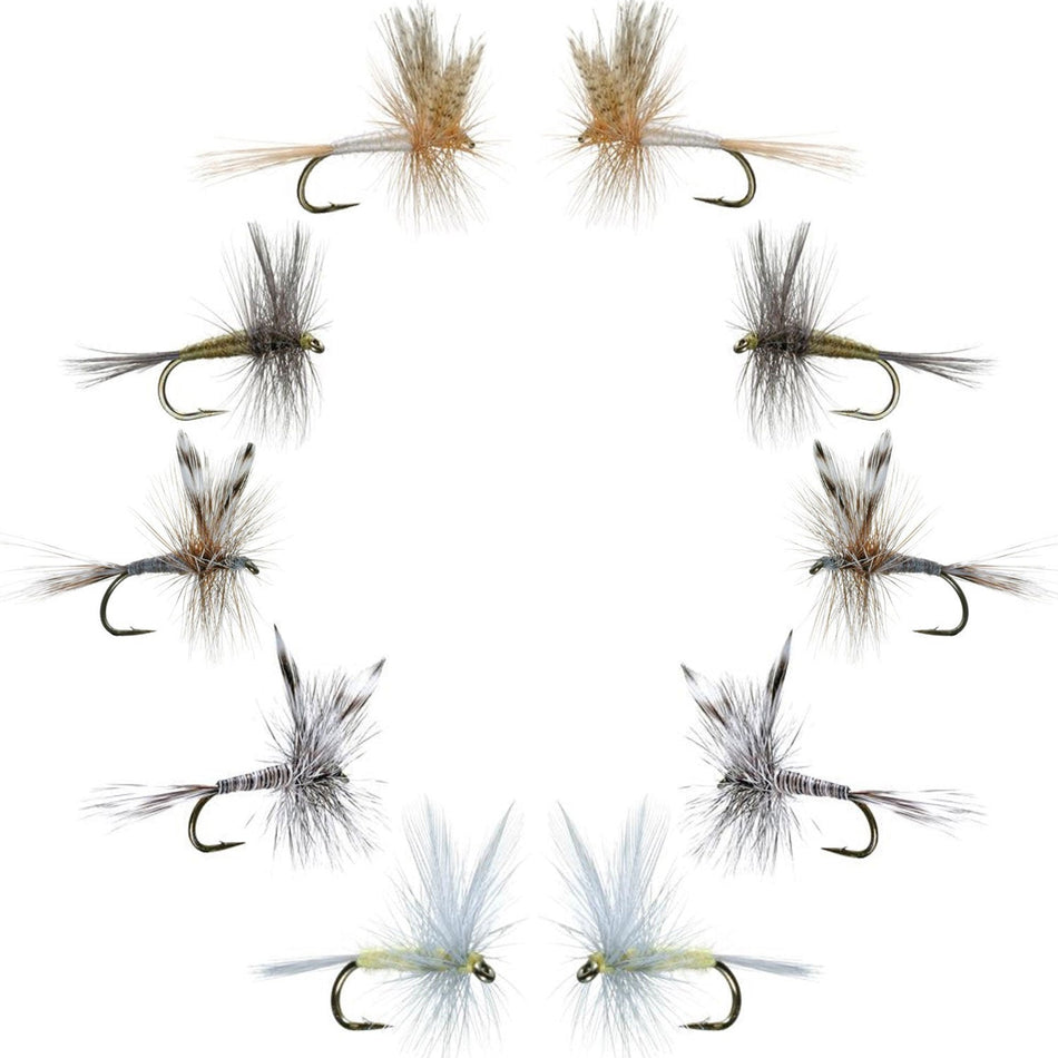 Basics Collection - Classic Dry Fly Assortment - 10 Dry Fishing Flies - 5 Patterns - Hook Sizes 12, 14, 16 - Get Tight Gear