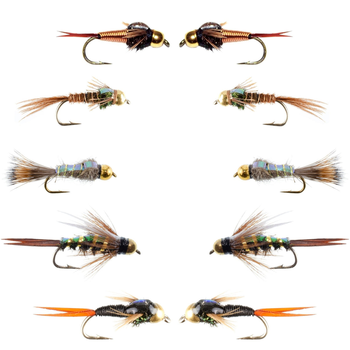 Basics Collection - Copper John and Flash Back Bead Head Nymph Assortment - 10 Wet Flies - 5 Patterns - Hook Sizes 10, 12, 14, 16 - Get Tight Gear