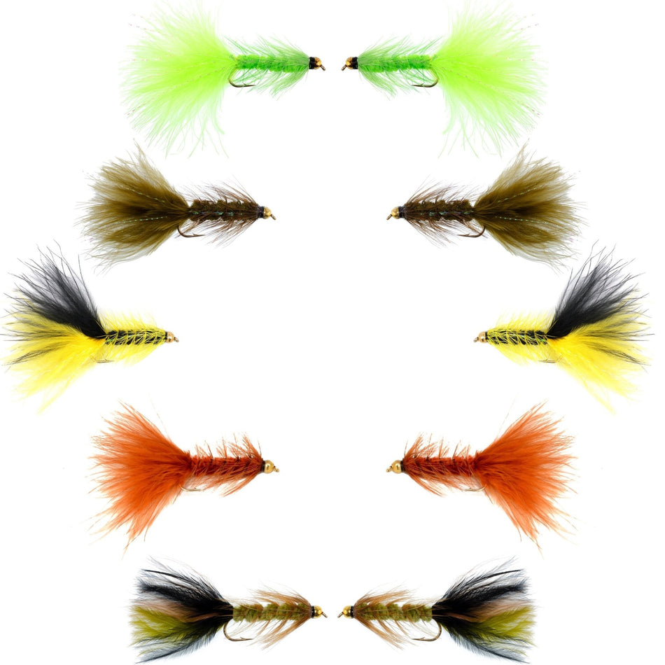 Basics Collection - Crystal Woolly Bugger Assortment - 10 Bead Head Wet Flies - 5 Patterns - Hook Size 4 - Get Tight Gear