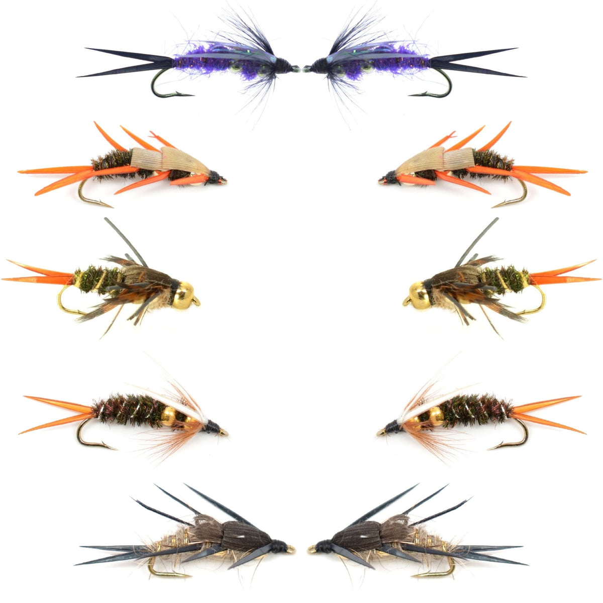 Basics Collection - Double Bead Head Nymph Assortment - 10 Wet Flies - 5 Patterns - Hook Size 12 - Get Tight Gear