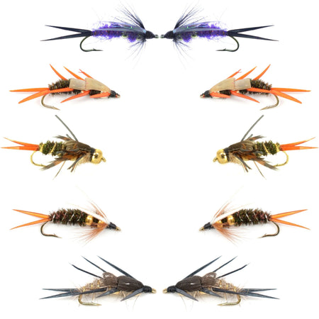 Basics Collection - Double Bead Head Nymph Assortment - 10 Wet Flies - 5 Patterns - Hook Size 14 - Get Tight Gear
