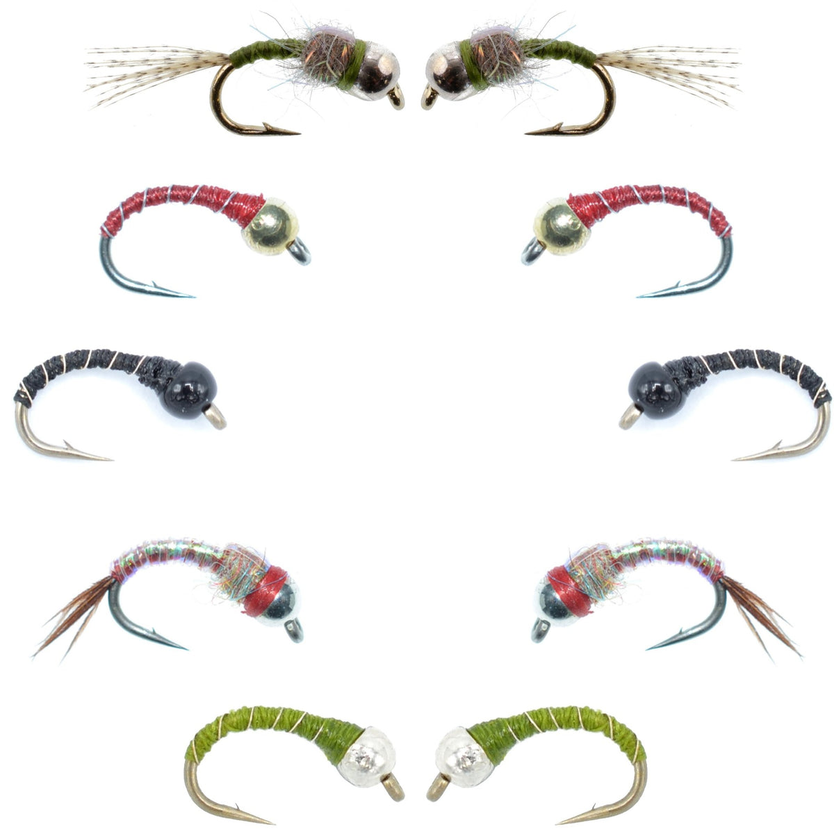 Basics Collection - Essential Bead Head Midge Nymph Assortment - 10 Wet Flies - 5 Patterns - Hook Sizes 14, 16, 18 - Get Tight Gear