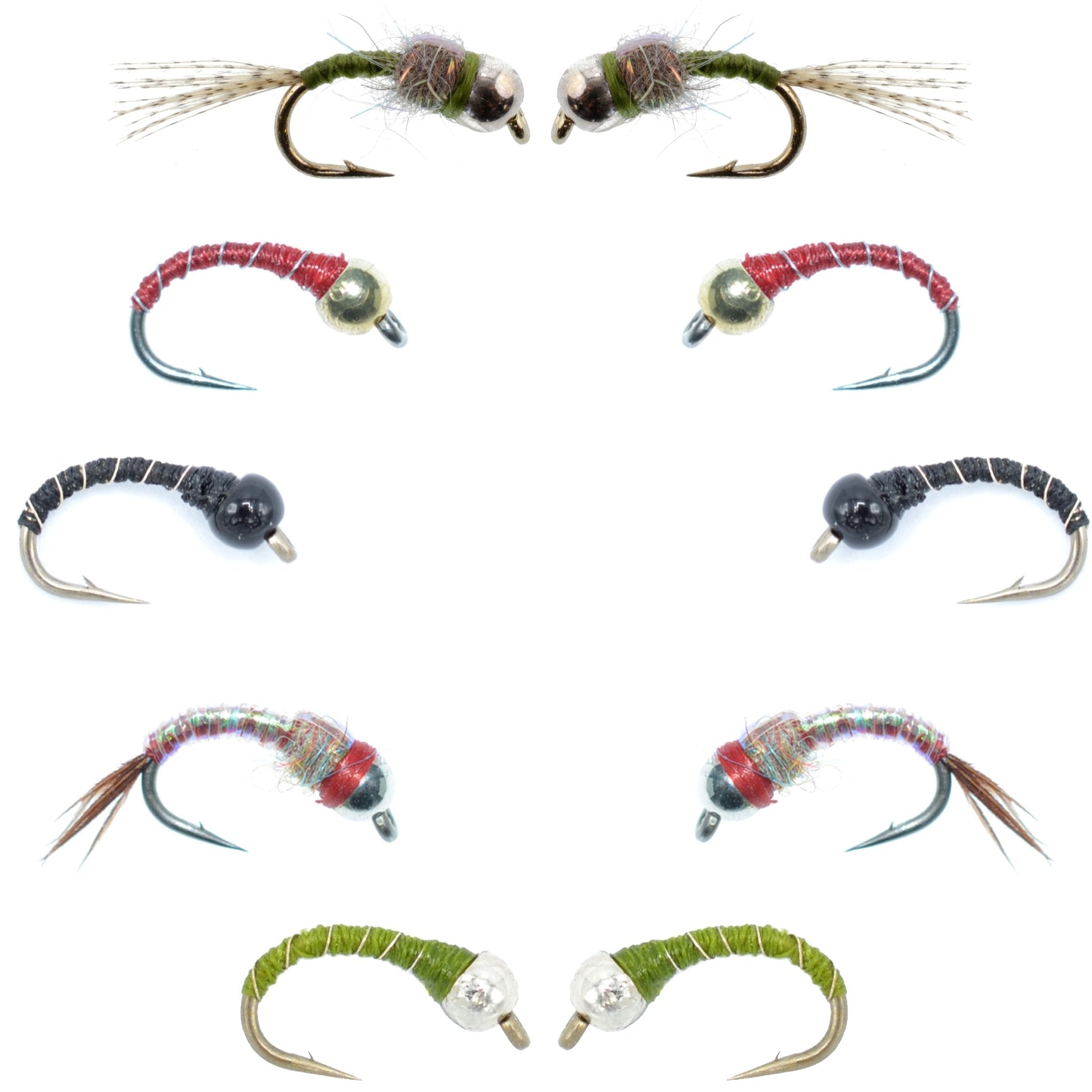 Basics Collection - Essential Bead Head Midge Nymph Assortment - 10 Wet Flies - 5 Patterns - Hook Sizes 14, 16, 18 - Get Tight Gear