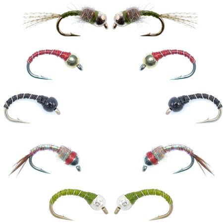 Basics Collection - Essential Bead Head Midge Nymph Assortment - 10 Wet Flies - 5 Patterns - Hook Sizes 14, 16, 18 - Get Tight Gear