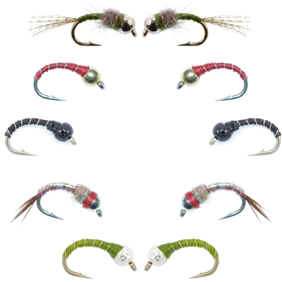 Basics Collection - Essential Bead Head Midge Nymph Assortment - 10 Wet Flies - 5 Patterns - Hook Sizes 14, 16, 18 - Get Tight Gear