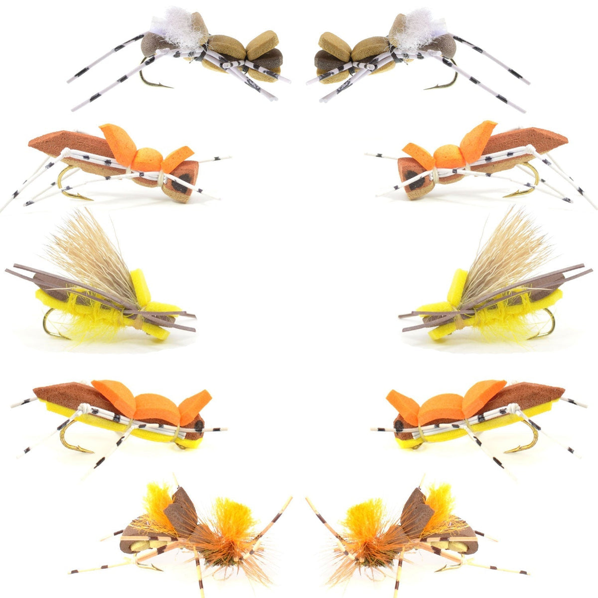 Basics Collection - Foam Hoppers Dry Fly Assortment - 10 Dry Fishing Grasshopper Flies - 5 Patterns - Hook Size 10 - Get Tight Gear