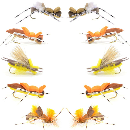 Basics Collection - Foam Hoppers Dry Fly Assortment - 10 Dry Fishing Grasshopper Flies - 5 Patterns - Hook Size 10 - Get Tight Gear