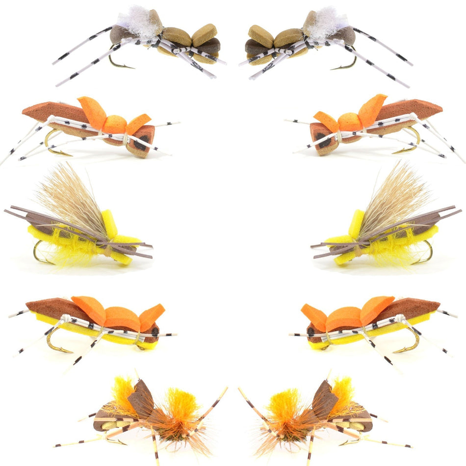 Basics Collection - Foam Hoppers Dry Fly Assortment - 10 Dry Fishing Grasshopper Flies - 5 Patterns - Hook Size 10 - Get Tight Gear