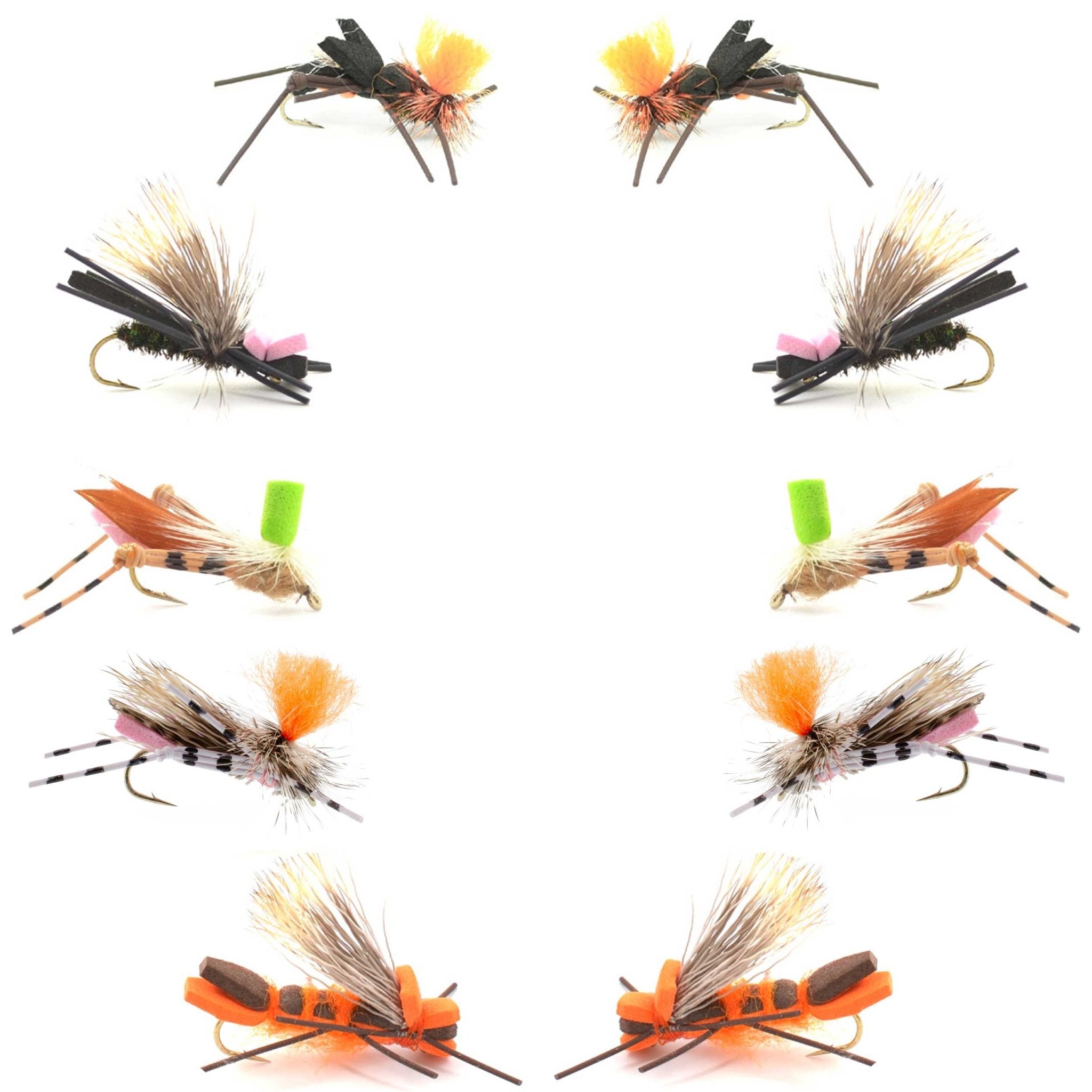 Basics Collection - Foam Hoppers Dry Fly Assortment 2 - 10 Dry Fishing Grasshopper Flies - 5 Patterns - Hook Size 10 - Get Tight Gear