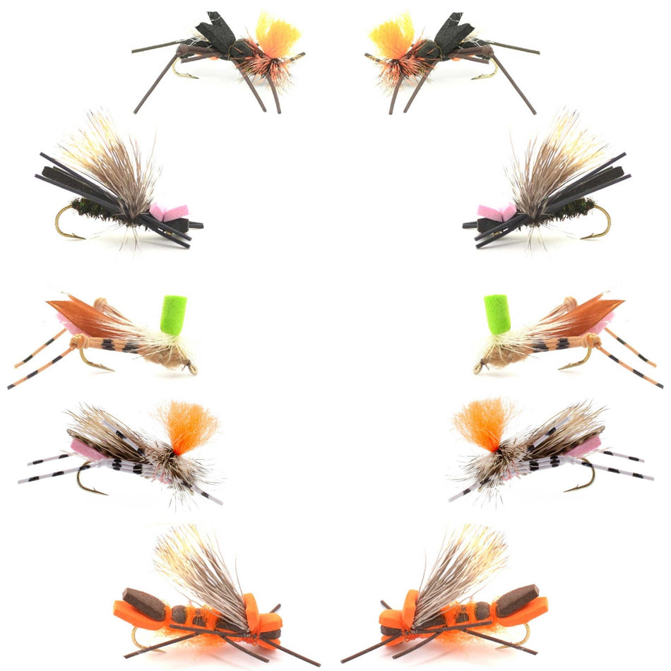 Basics Collection - Foam Hoppers Dry Fly Assortment 2 - 10 Dry Fishing Grasshopper Flies - 5 Patterns - Hook Size 10 - Get Tight Gear