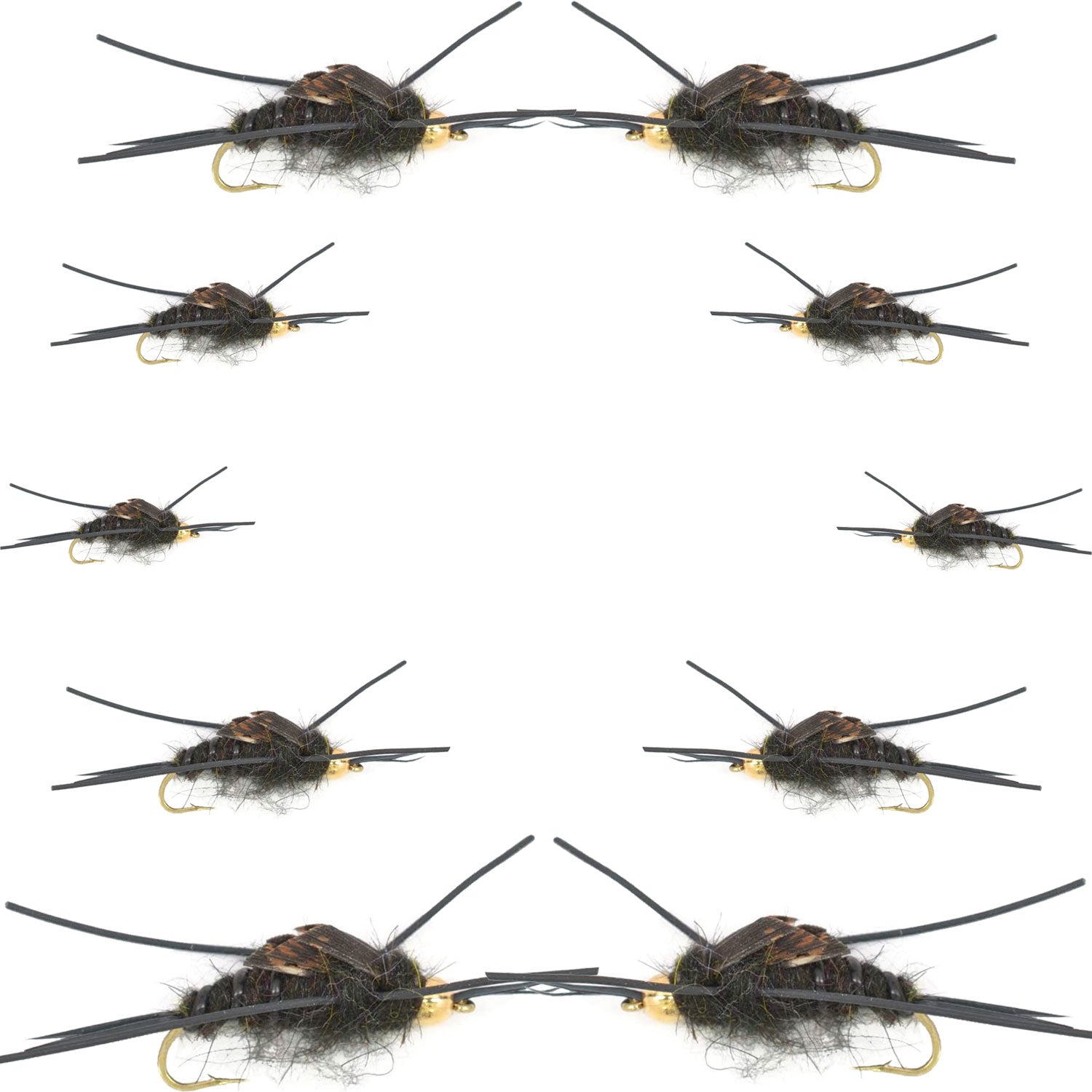 Basics Collection - Kaufmann's Tungsten Bead Black Stonefly Nymph Assortment 10 Bead Head Rubber Legs Wet Flies - 2 Each Hook Sizes 4, 6, 8, 10, and 12 - Get Tight Gear