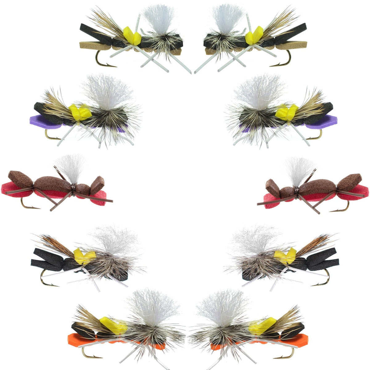 Basics Collection - Parachute Chernobyl Ant Foam Dry Fly Assortment - 10 Dry Fishing Grasshopper Dropper Flies - 5 Patterns - Hook Size 10 - Get Tight Gear