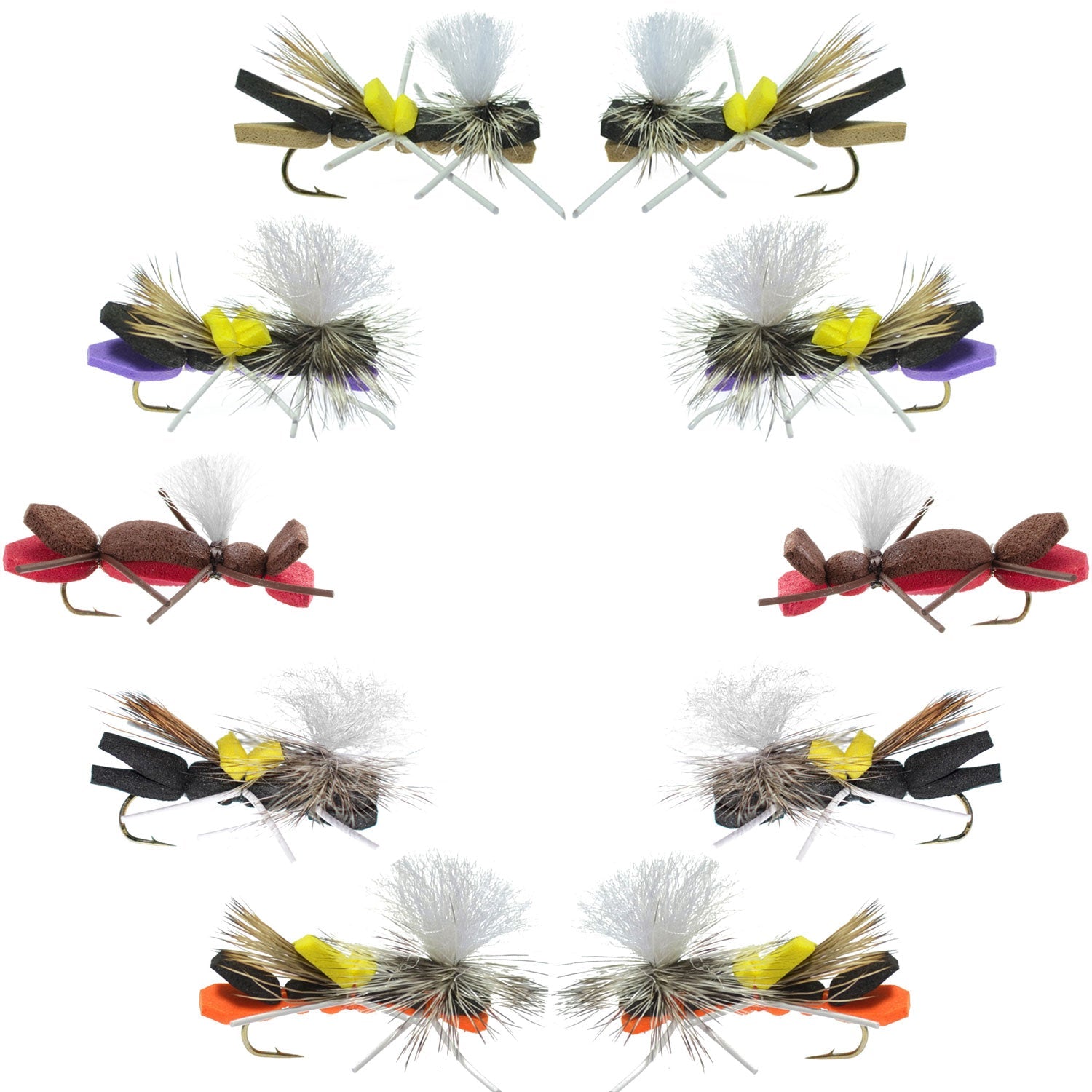 Basics Collection - Parachute Chernobyl Ant Foam Dry Fly Assortment - 10 Dry Fishing Grasshopper Dropper Flies - 5 Patterns - Hook Size 10 - Get Tight Gear