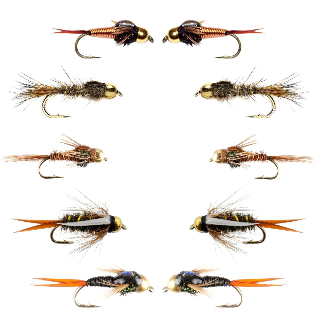 Basics Collection - Tungsten Bead Head Nymph Assortment - 10 Wet Flies - 5 Patterns - Hook Sizes 10, 12, 14, 16 - Get Tight Gear