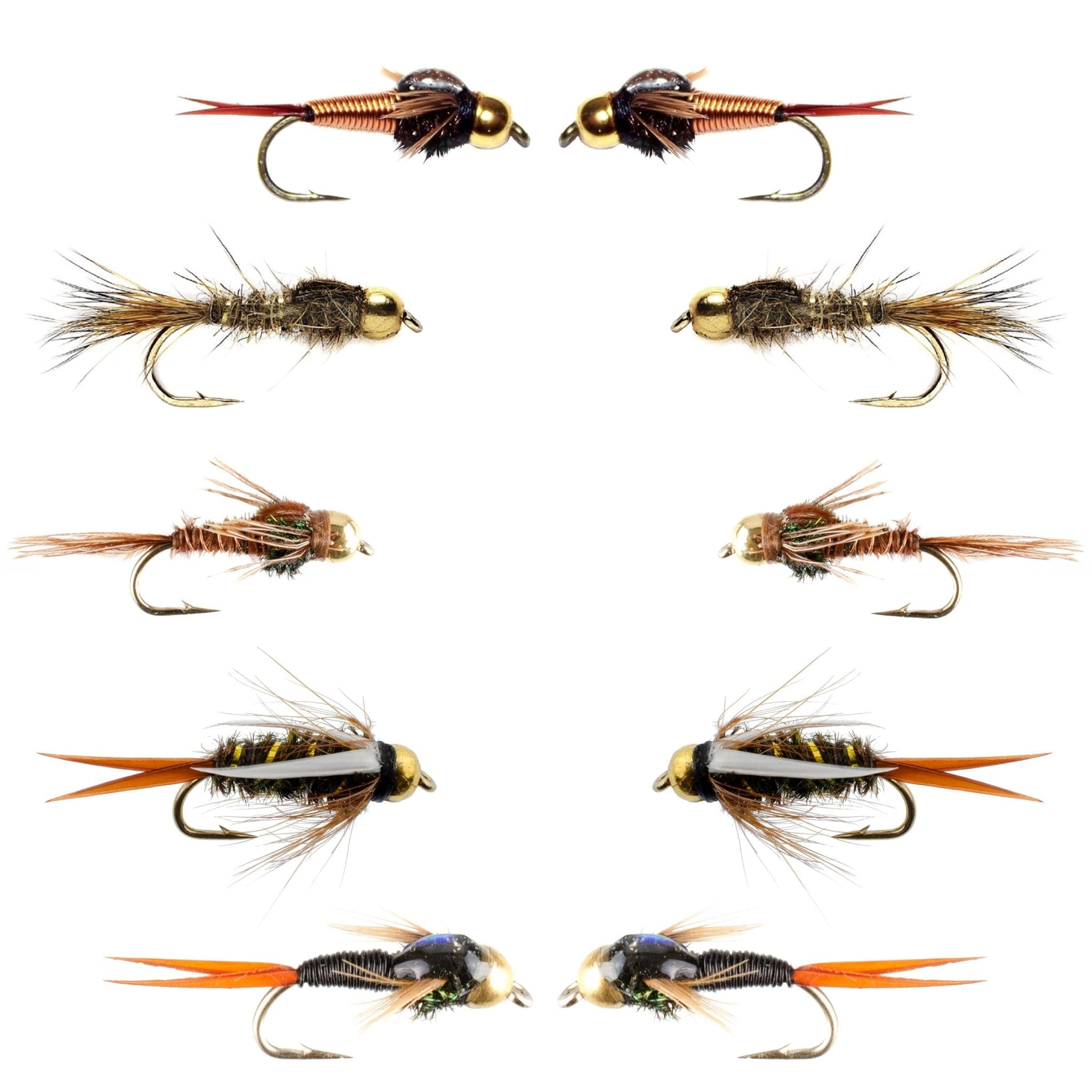 Basics Collection - Tungsten Bead Head Nymph Assortment - 10 Wet Flies - 5 Patterns - Hook Sizes 10, 12, 14, 16 - Get Tight Gear