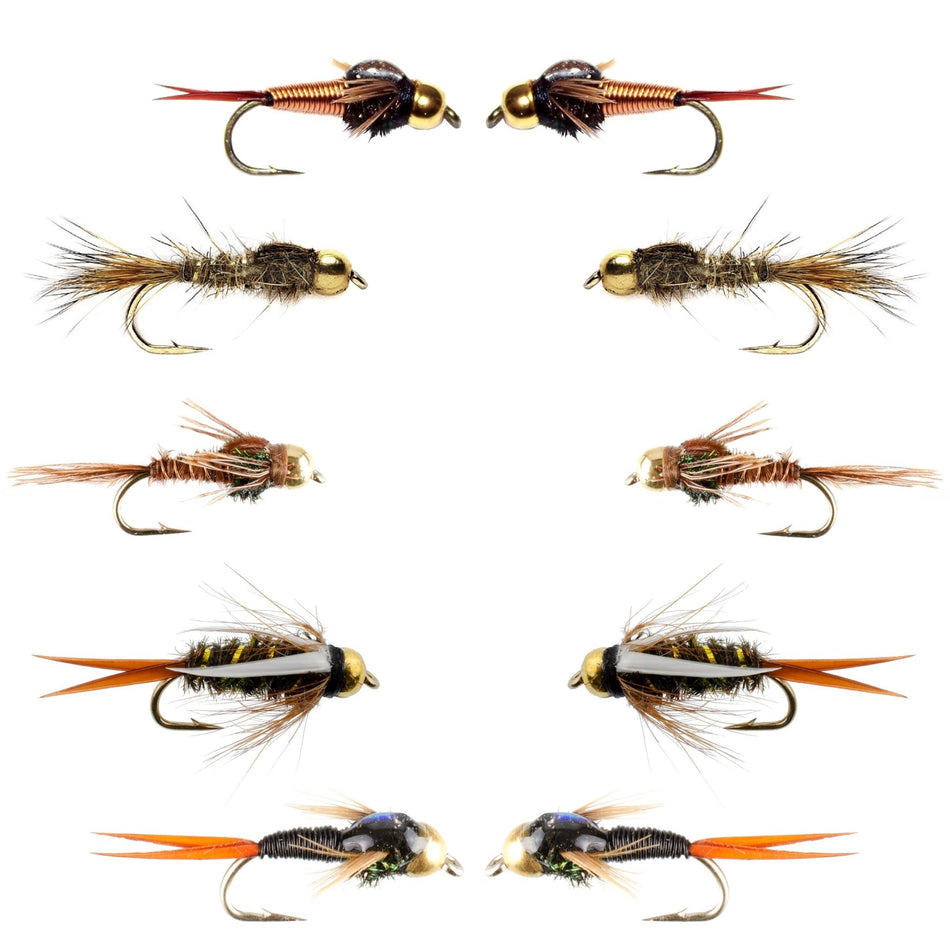 Basics Collection - Tungsten Bead Head Nymph Assortment - 10 Wet Flies - 5 Patterns - Hook Sizes 10, 12, 14, 16 - Get Tight Gear