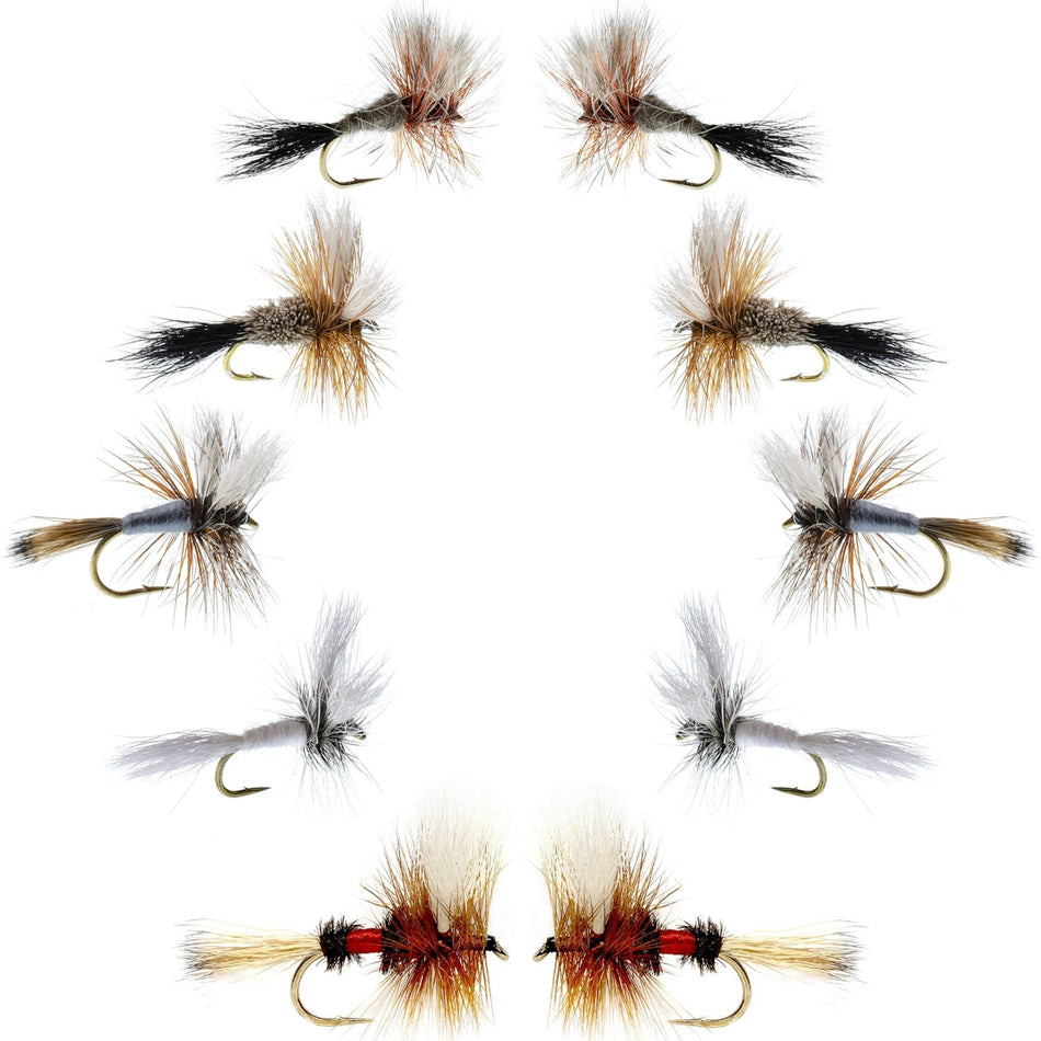 Basics Collection - Wulff Dry Fly Assortment - 10 Dry Fishing Flies - 5 Patterns - Hook Sizes 10, 12, 14 - Get Tight Gear