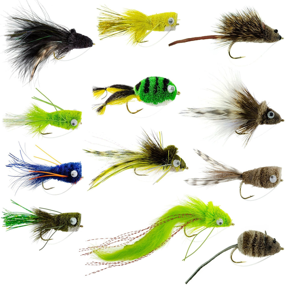 Bass Bug Collection - 12 Bass Fly Fishing Flies - Surface Poppers Frog, Rat, Mouse Divers - Hook Sizes 2,4, 6 And 8 - Get Tight Gear