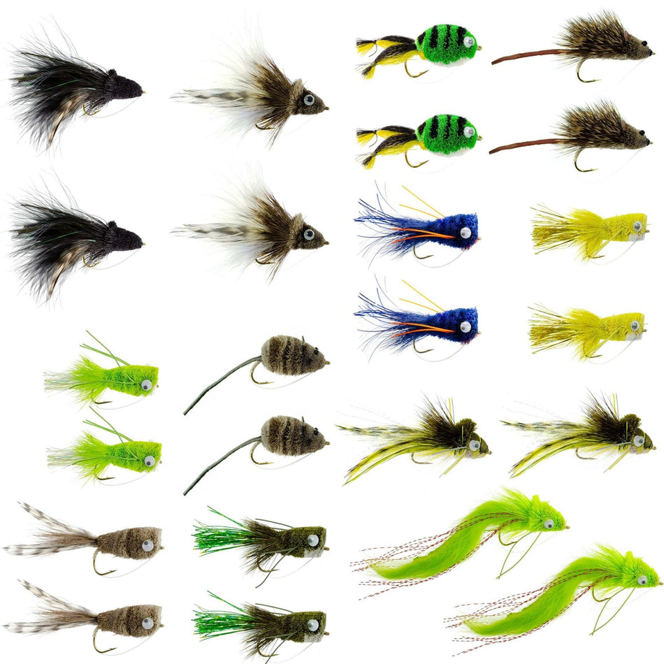 Bass Bug Collection - 24 Bass Fly Fishing Flies - Surface Poppers Frog, Rat, Mouse And Divers - Hook Sizes 2,4, 6, 8 - Get Tight Gear
