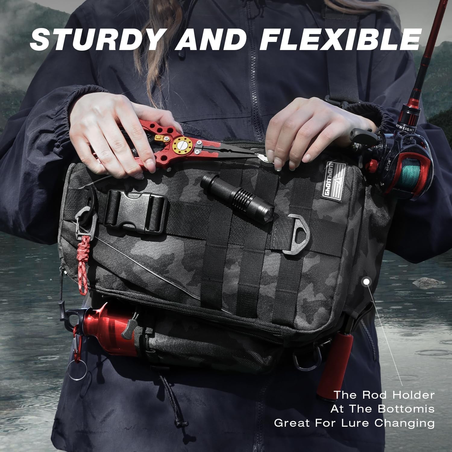Ghosthorn Fishing Backpack with Rod Holder - Ultimate Tackle Sling Bag for Fly Fishing Enthusiasts - Perfect Gift for Men and Women