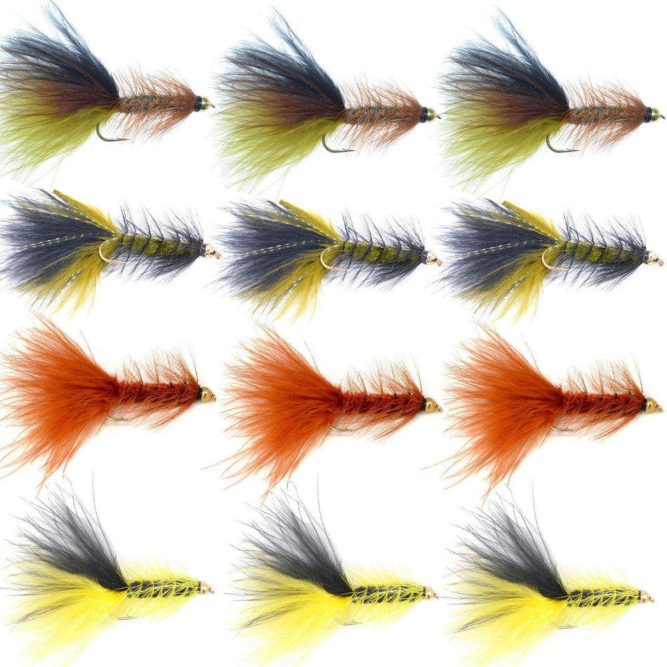 Bead Head Crystal Woolly Bugger Streamer Flies - Set of 12 Bass and Trout Flies - Hook Size 4 - Get Tight Gear