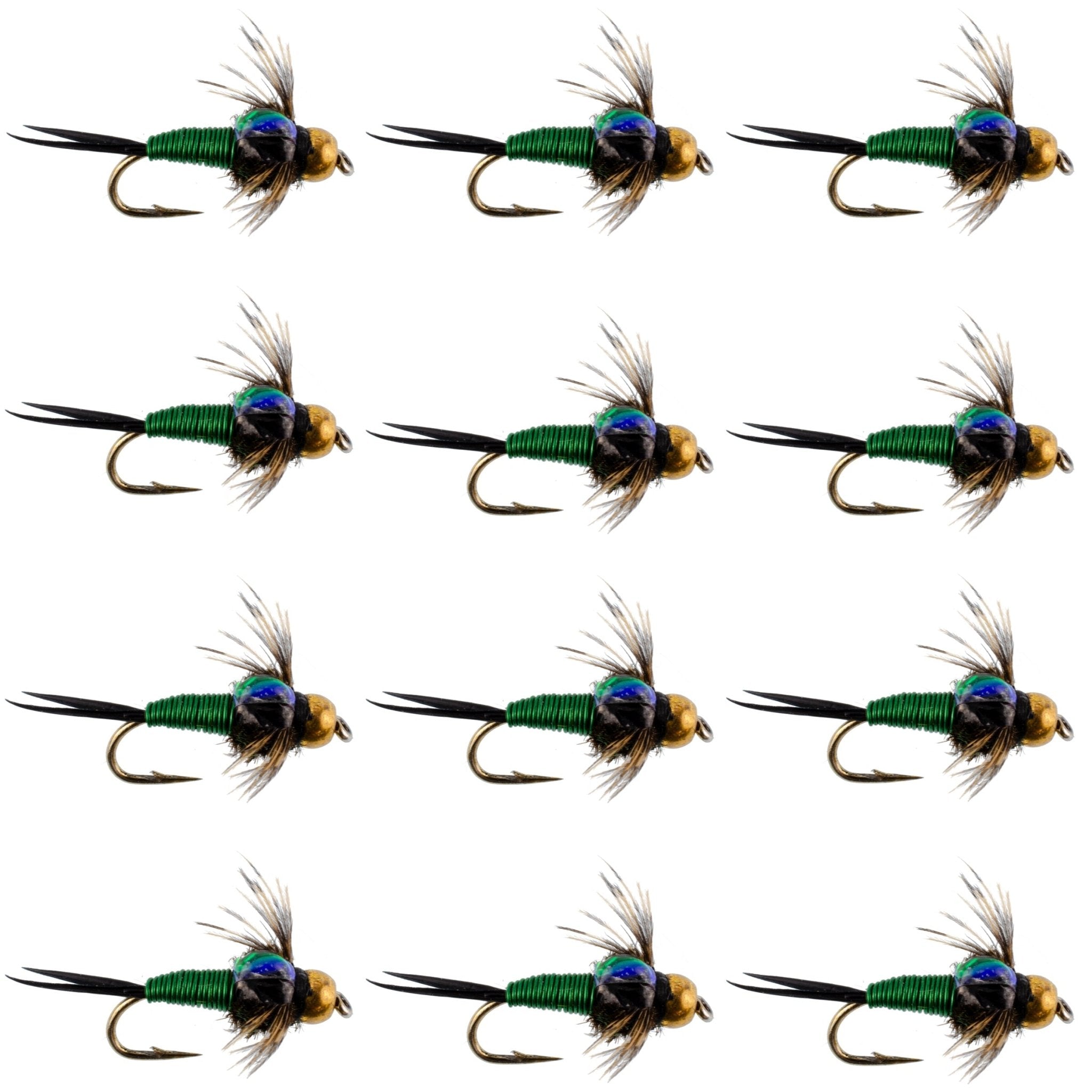 Bead Head Green Copper John Nymph Fly Fishing Flies - 1 Dozen Flies Hook Size 12 - Get Tight Gear