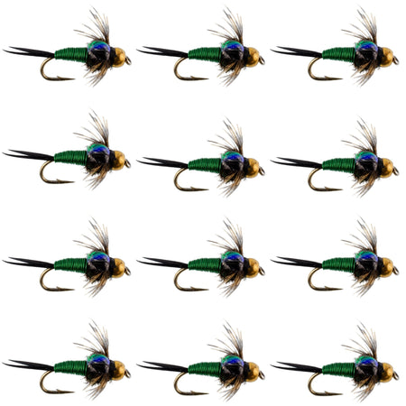 Bead Head Green Copper John Nymph Fly Fishing Flies - 1 Dozen Flies Hook Size 12 - Get Tight Gear