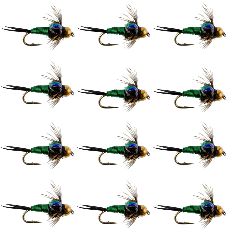 Bead Head Green Copper John Nymph Fly Fishing Flies - 1 Dozen Flies Hook Size 12 - Get Tight Gear