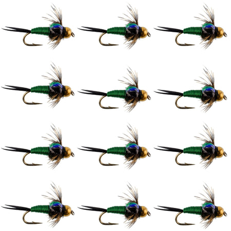 Bead Head Green Copper John Nymph Fly Fishing Flies - 1 Dozen Flies Hook Size 14 - Get Tight Gear