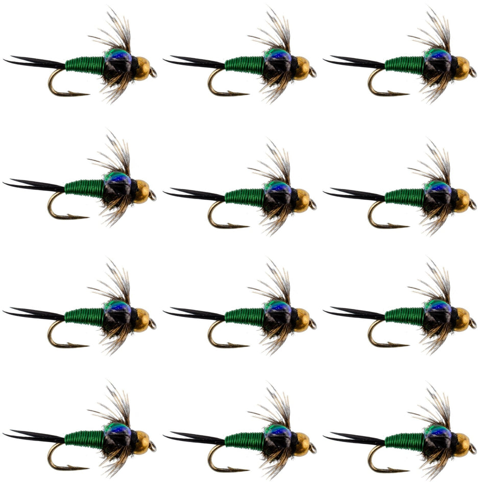 Bead Head Green Copper John Nymph Fly Fishing Flies - 1 Dozen Flies Hook Size 14 - Get Tight Gear