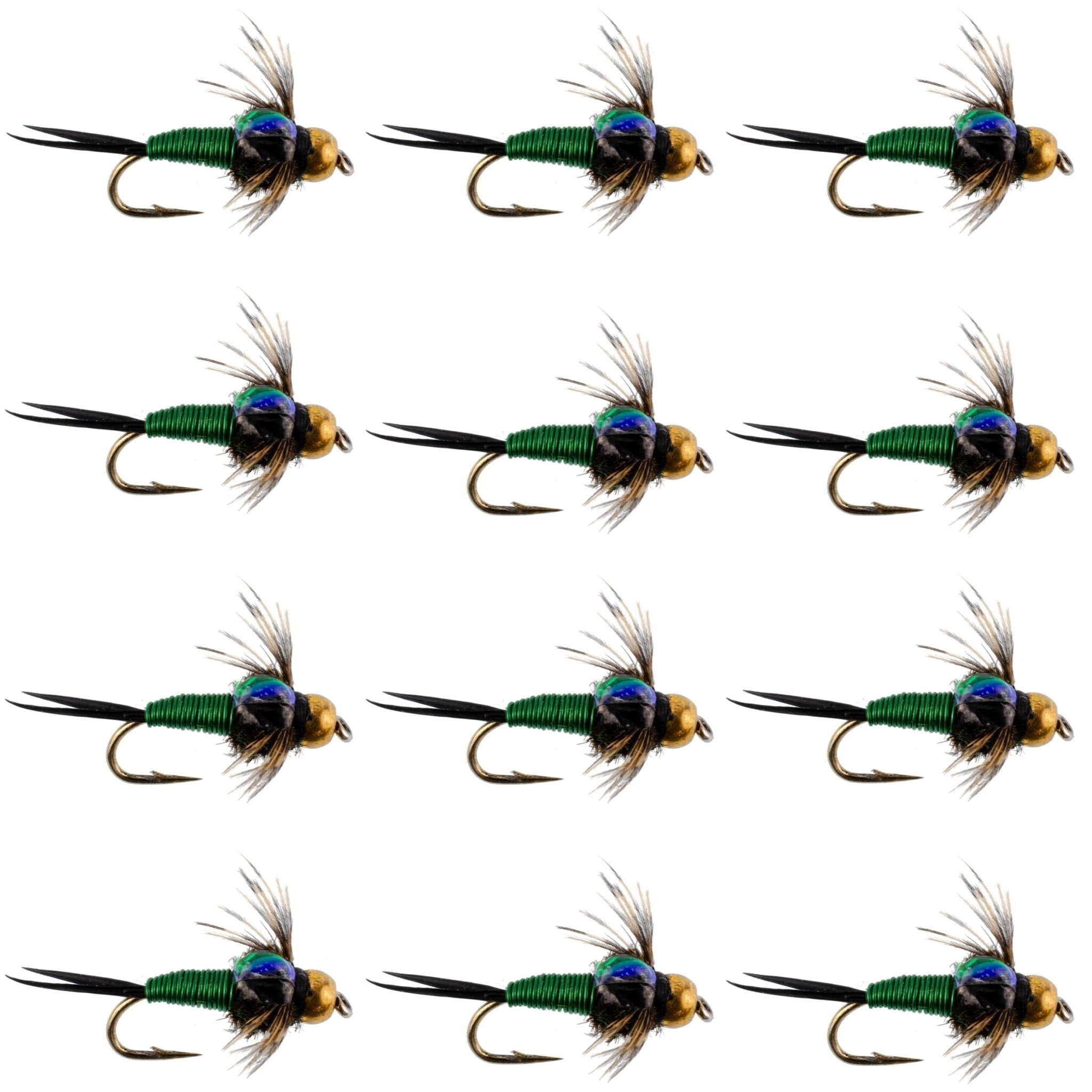 Bead Head Green Copper John Nymph Fly Fishing Flies - 1 Dozen Flies Hook Size 16 - Get Tight Gear