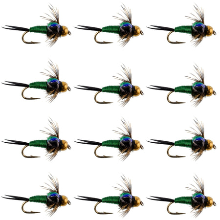 Bead Head Green Copper John Nymph Fly Fishing Flies - 1 Dozen Flies Hook Size 16 - Get Tight Gear