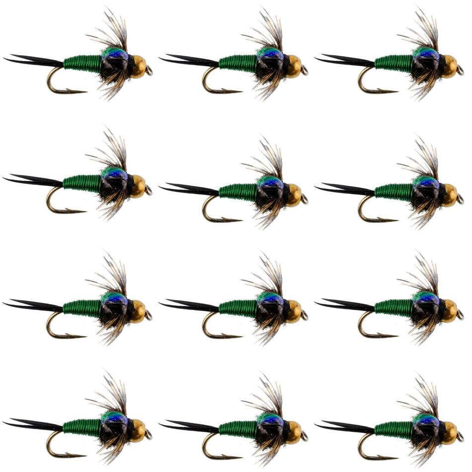 Bead Head Green Copper John Nymph Fly Fishing Flies - 1 Dozen Flies Hook Size 18 - Get Tight Gear