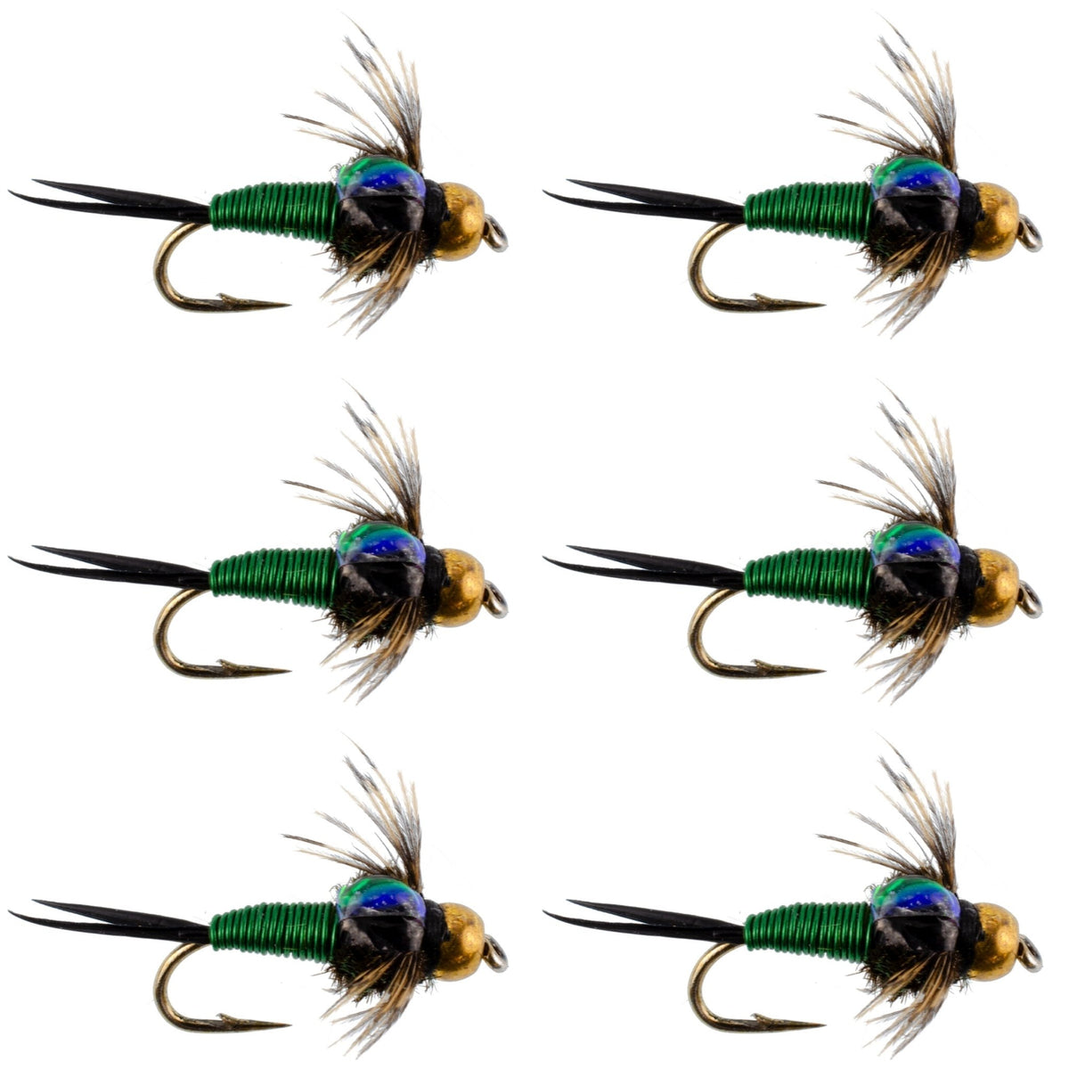 Bead Head Green Copper John Nymph Fly Fishing Flies - Set of 6 Flies Hook Size 12 - Get Tight Gear