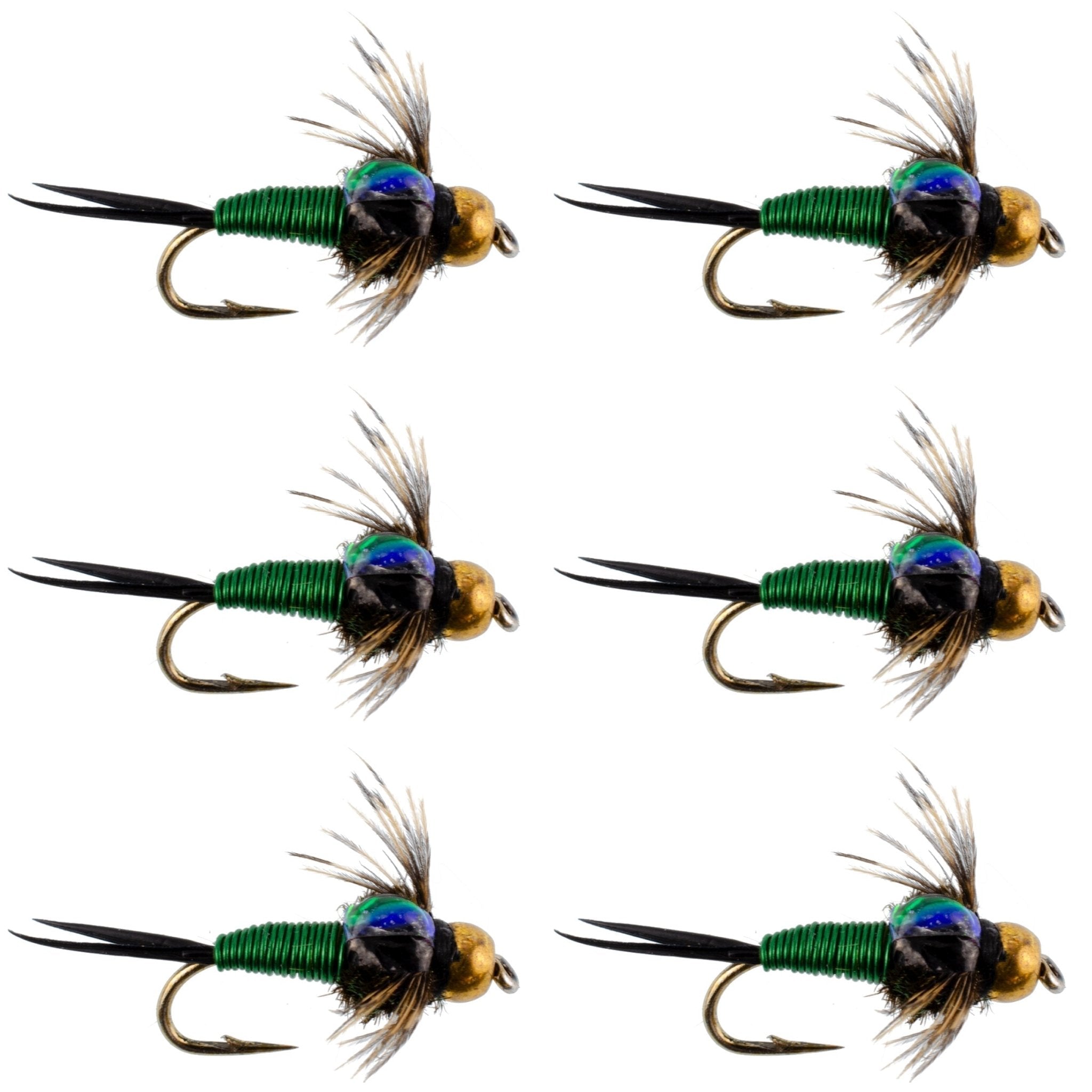 Bead Head Green Copper John Nymph Fly Fishing Flies - Set of 6 Flies Hook Size 12 - Get Tight Gear