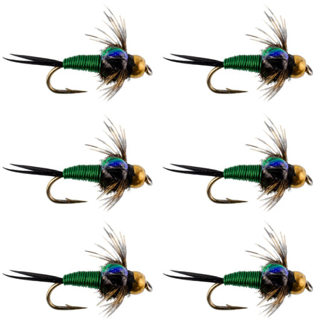 Bead Head Green Copper John Nymph Fly Fishing Flies - Set of 6 Flies Hook Size 12 - Get Tight Gear