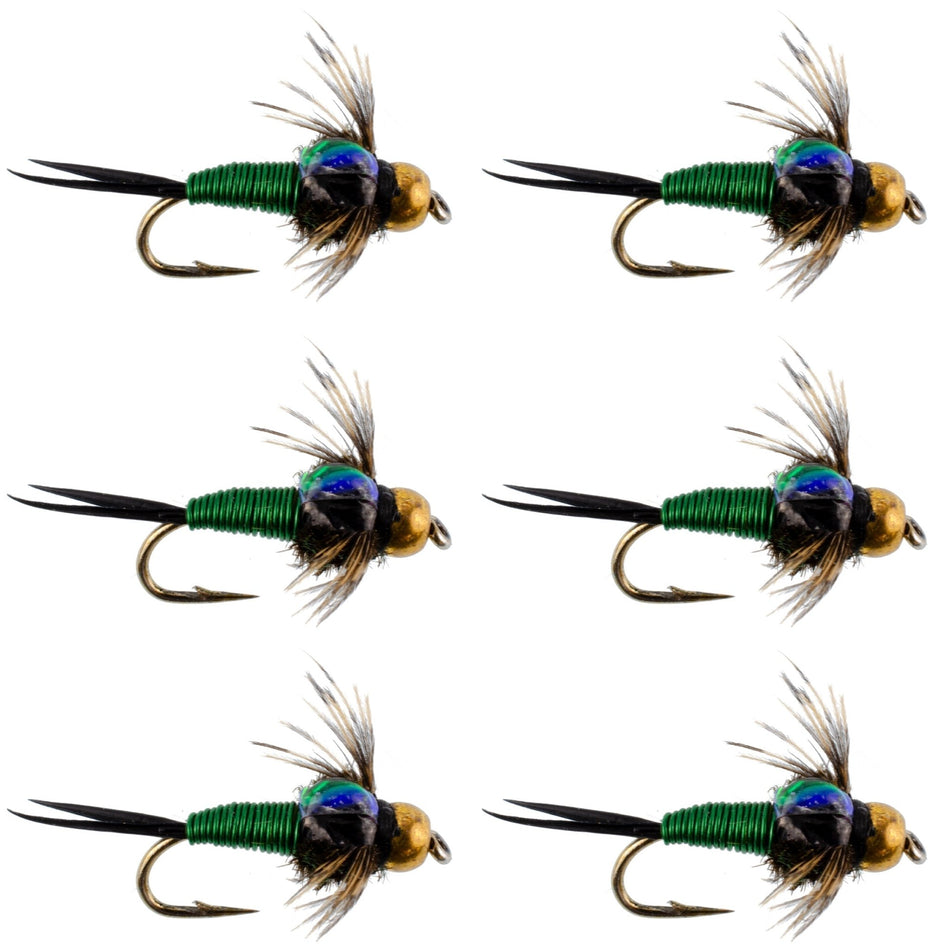 Bead Head Green Copper John Nymph Fly Fishing Flies - Set of 6 Flies Hook Size 12 - Get Tight Gear